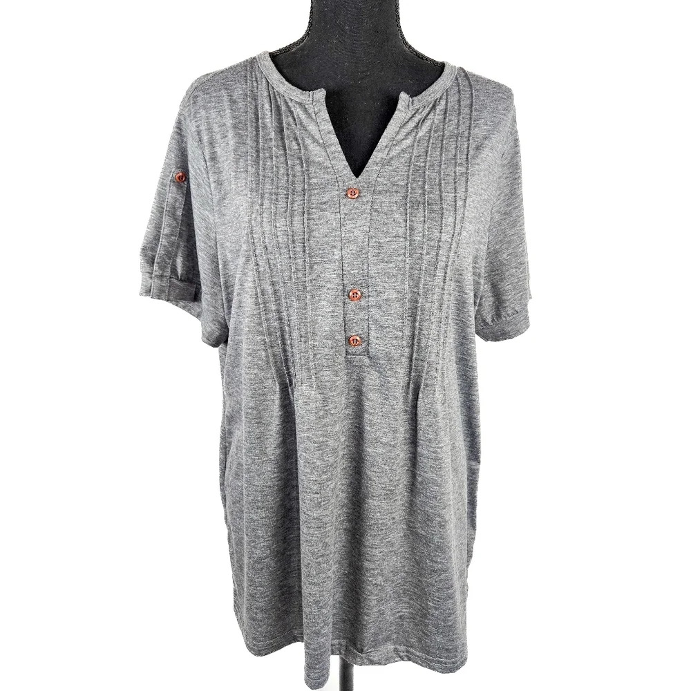 🔥 (5for$35) AMAZON Grey Slit Kneck Short Sleeve Pleated Bust Top Size XL